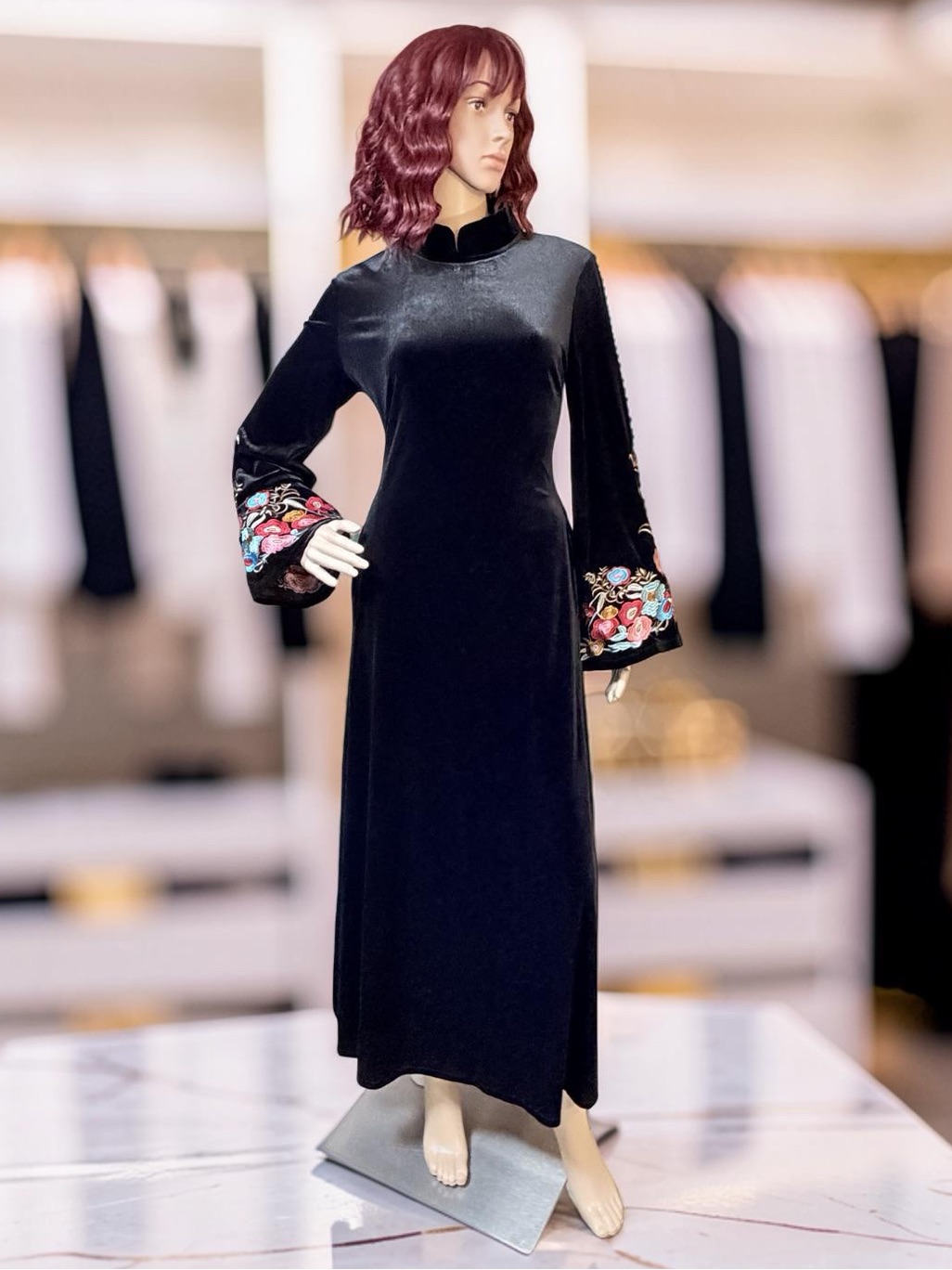 Dalia Macphee Nwot Sz S Elegant Black Velvet Floral Embroidered Maxi (0794)